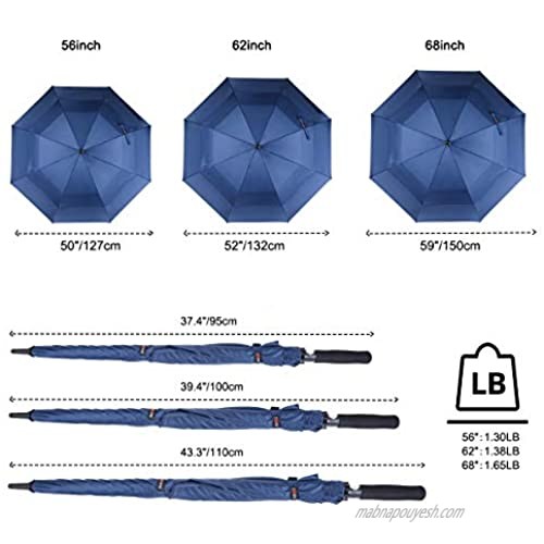 56/62/68 Inch Automatic Open Golf Umbrella Extra Large Oversize Double Canopy Vented Windproof Waterproof Stick Umbrellas （62inch Blue)