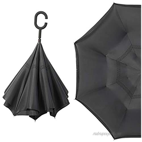 AHUA Reverse Umbrella Double Layer Inverted Umbrella Anti-UV Waterproof Windproof Straight Umbrella for Girls Women Men (Black)