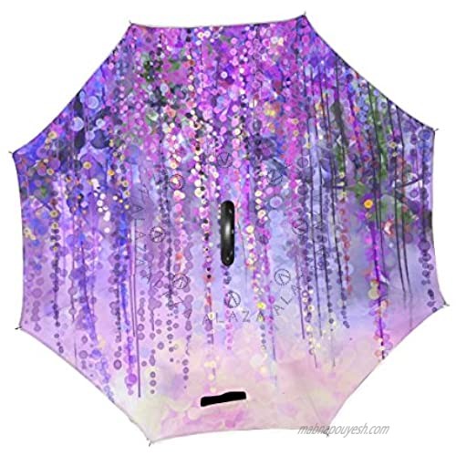 ALAZA Stylish Purple Flowers Wisteria Tree Windproof UV Proof Reverse Folding Umbrella Double Layer Travel Inverted Umbrella with C Shape Handle for Car Use