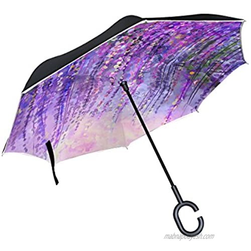 ALAZA Stylish Purple Flowers Wisteria Tree Windproof UV Proof Reverse Folding Umbrella Double Layer Travel Inverted Umbrella with C Shape Handle for Car Use