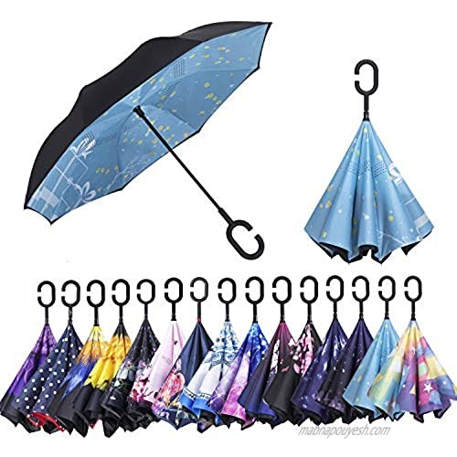 AmaGo Double Layer Inverted Umbrella with C-Shape Handle and Carrying Bag Upside-Down Windproof UV Protection Reverse Umbrella for Car Outdoor