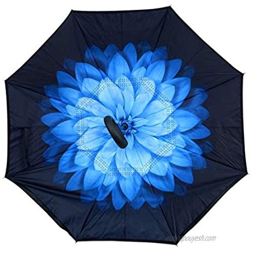 Double Layer Inverted Large Blue Flower Umbrella with C-Shaped Handle