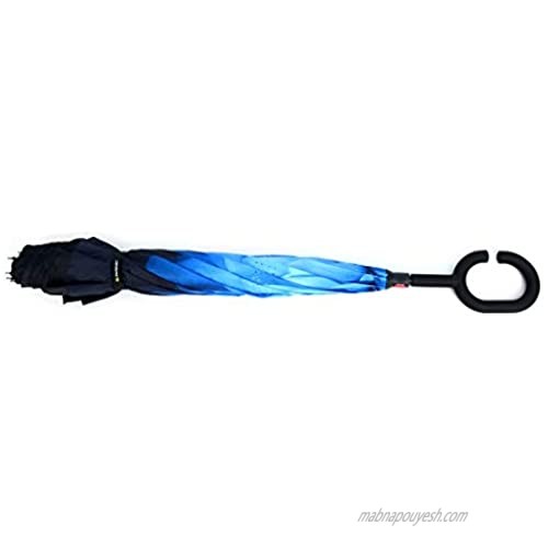 Double Layer Inverted Large Blue Flower Umbrella with C-Shaped Handle