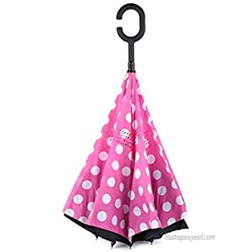Double Layer Inverted Pink Polka Dot Umbrella with C-Shaped Handle