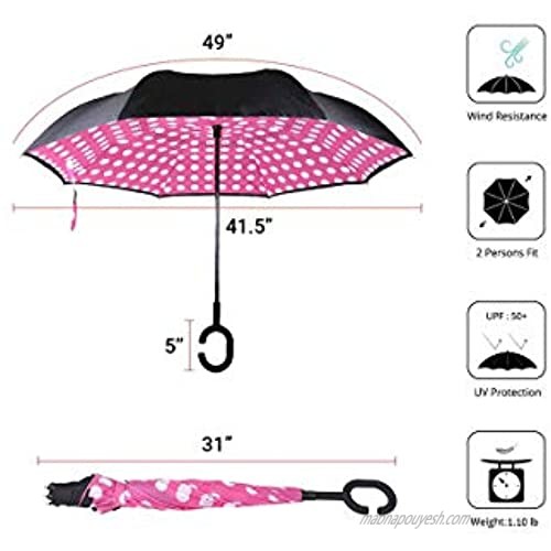 Double Layer Inverted Pink Polka Dot Umbrella with C-Shaped Handle