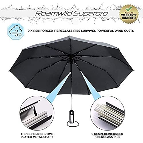 LightweightTeflon 9 x Rib Windproof Canopy Compact Travel Umbrella | Automatic Open/Close | Waterproof EVA Zip-Up Travel Case & Anti-Slip Handle | Lifetime Replacement Guarantee by SuperBRO (Black)