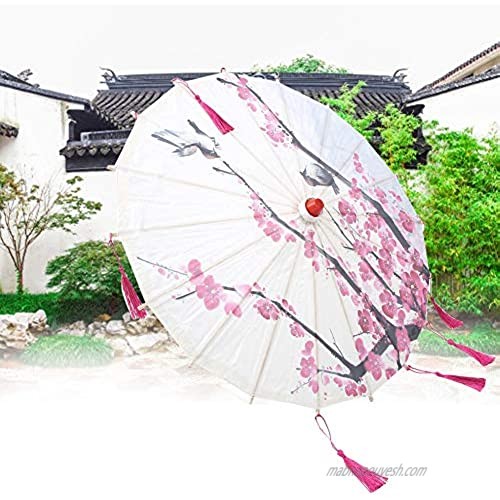 Oil Paper Umbrella Handmade Vintage Paper Stick Parasol Decorative Tassel Art Craft for Photo Dance Perform Wedding Prop(Rose Red)
