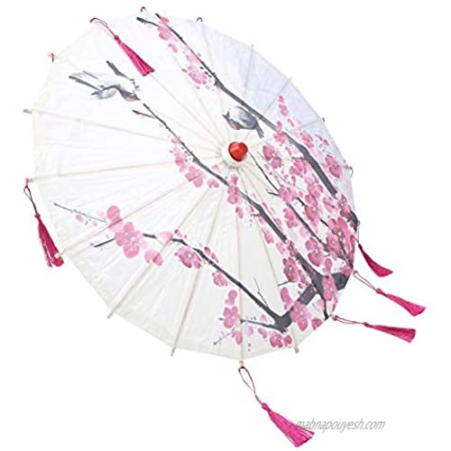 Oil Paper Umbrella Handmade Vintage Paper Stick Parasol Decorative Tassel Art Craft for Photo Dance Perform Wedding Prop(Rose Red)