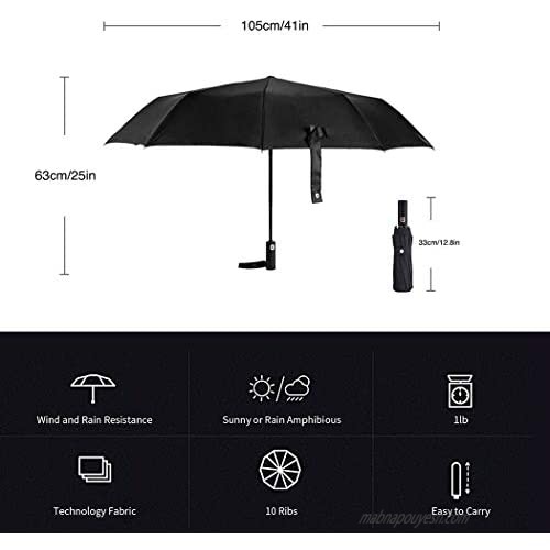 Portable and Compact Business Folding Umbrella Windproof Extremely Durable Size of 41 Inch 10 Rib Auto Open Close Travel Umbrella with High Density Pongee Fabric Blocking UV 99%
