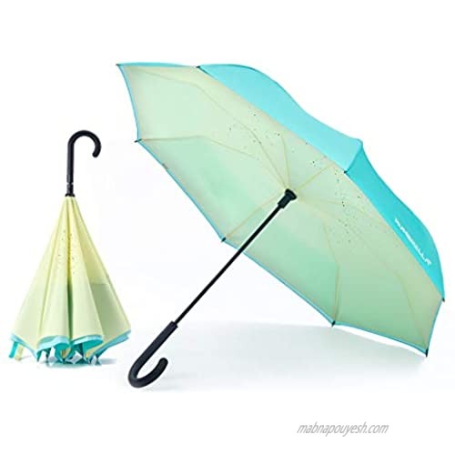 RUMBRELLA Reverse Umbrella Auto Close Windproof Car Umbrella Inverted with J Hook Handle for Women Girls  Green Yellow