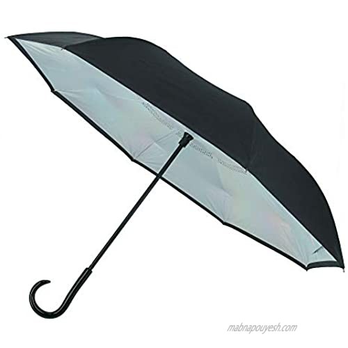 ShedRain Women's UnbelievaBrella Reverse Closing Iridescent Stick Umbrella  Black