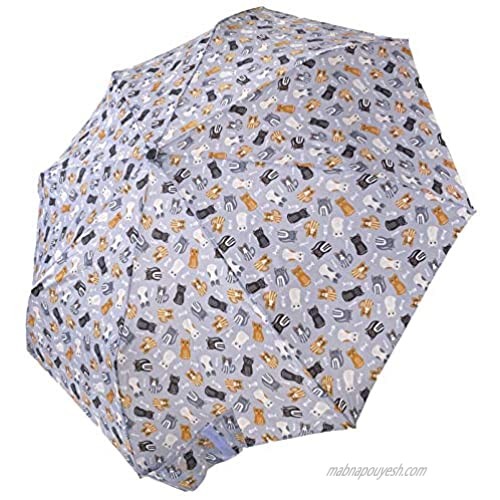 Totes Manual Umbrella with Cat Face Handle NeverWet Invisible Coating 43-inch canopy Navy Blue With Small Pictures of Cats.