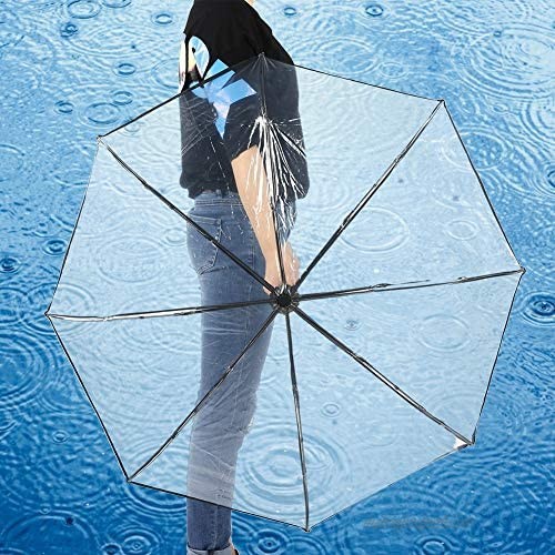 Tri-fold Clear Rain Umbrella with Frosted Handle Transparent Umbrella for Portable to Carry for Travel(Black)