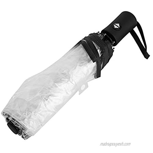 Tri-fold Clear Rain Umbrella with Frosted Handle Transparent Umbrella for Portable to Carry for Travel(Black)