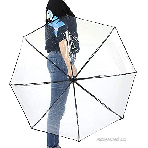 Tri-fold Clear Rain Umbrella with Frosted Handle Transparent Umbrella  for Portable to Carry for Travel(Black)