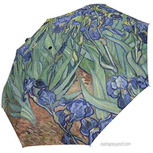 AUUXVA 3 Folds Auto Open Close Umbrella Van Gogh Iris Flower Windproof Travel Lightweight Rain Umbrella Compact for Boys Girl Men Women