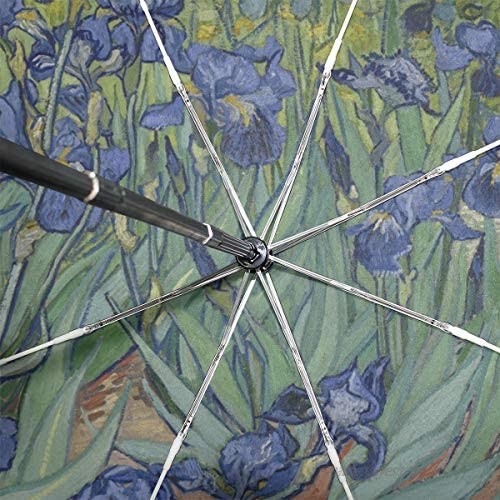 AUUXVA 3 Folds Auto Open Close Umbrella Van Gogh Iris Flower Windproof Travel Lightweight Rain Umbrella Compact for Boys Girl Men Women