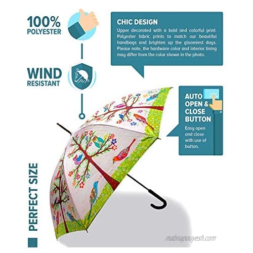 Freckle Auto Open Close Mini Umbrella - Sascalia Unique Bird And Trees Design - Windproof Compact Lightweight Folding Umbrellas - Automatic Button Travel Size - Small Umbrella That Fits Into Purse