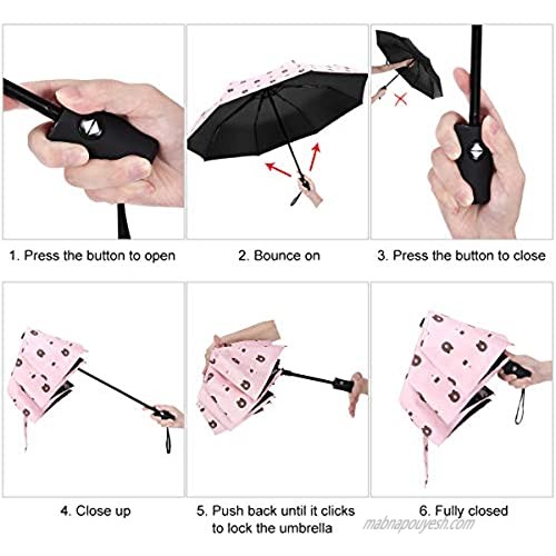 HAWEE Automatic Folding Parasol Umbrella for Sun/Rain UV Protection with 8 Reinforced Fiberglass Ribs Ergonomic Anti-Slip Handle Pink Bear