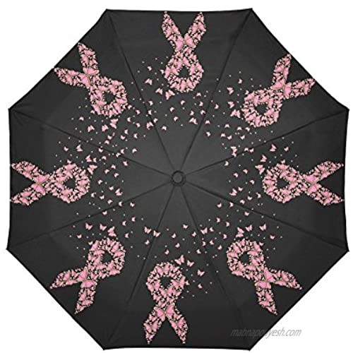 InterestPrint Breast Cancer Symbol Flying Butterflies Windproof Automatic Open and Close Folding Umbrella Funny Travel Lightweight Outdoor Umbrella Rain and Sun