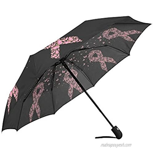 InterestPrint Breast Cancer Symbol Flying Butterflies Windproof Automatic Open and Close Folding Umbrella Funny Travel Lightweight Outdoor Umbrella Rain and Sun