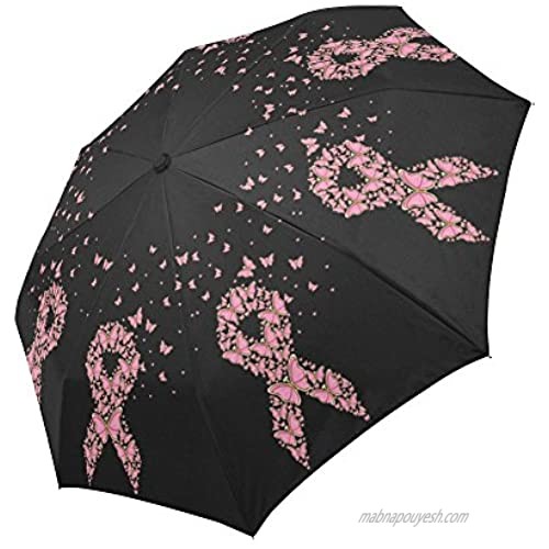 InterestPrint Breast Cancer Symbol Flying Butterflies Windproof Automatic Open and Close Folding Umbrella  Funny Travel Lightweight Outdoor Umbrella Rain and Sun