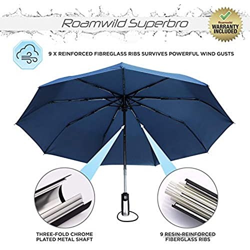 LightweightTeflon 9 x Rib Windproof Canopy Compact Travel Umbrella | Automatic Open/Close | Waterproof EVA Zip-Up Travel Case & Anti-Slip Handle | Lifetime Replacement Guarantee by SuperBRO (Navy)