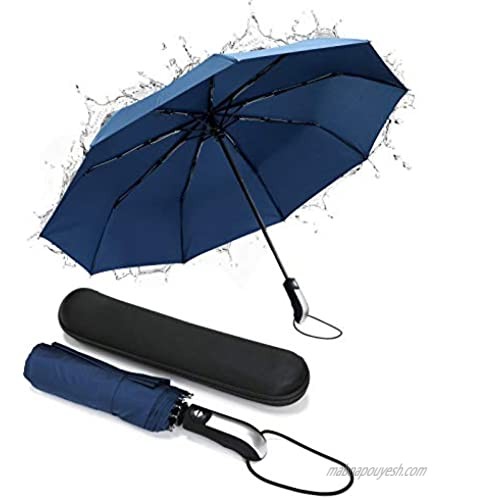 Lightweight"Teflon" 9 x Rib Windproof Canopy Compact Travel Umbrella | Automatic Open/Close | Waterproof EVA Zip-Up Travel Case & Anti-Slip Handle | Lifetime Replacement Guarantee by SuperBRO (Navy)