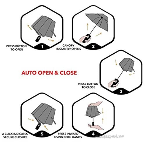 Travel Folding Umbrella Auto Open & Close 10 Ribs Windproof Double layer Sun and Rain Wood Handle Umbrella for Business and Outdoor (Black)