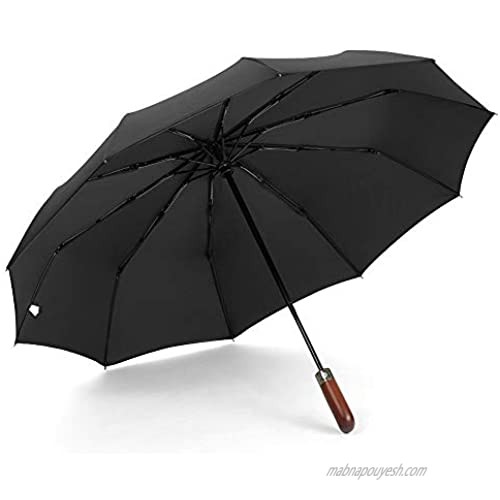 Travel Folding Umbrella Auto Open & Close 10 Ribs Windproof Double layer Sun and Rain Wood Handle Umbrella for Business and Outdoor (Black)