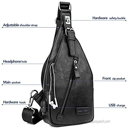 Alena Culian Sling Bag Men Leather Chest Bag Travel Sport Crossbody Shoulder Bag Daypack Backpacks (classic black)