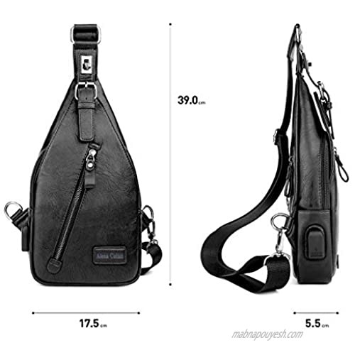 Alena Culian Sling Bag Men Leather Chest Bag Travel Sport Crossbody Shoulder Bag Daypack Backpacks (classic black)