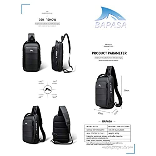 BAPASA Men Sling Crossbody Bag Compact Shoulder Waterproof Sling Bag USB Casual Sport Lightweight Backpack