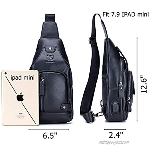 BULLCAPTAIN Genuine Leather Mens Sling Bag Multipurpose Travel Crossbody Chest Bag Daypacks with USB Charging Port (Black)