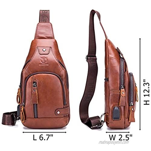 BULLCAPTAIN Men Sling Crossbody Bag with USB Charging Port Genuine Leather Shoulder Chest Bag Travel Hiking Backpack (Brown)