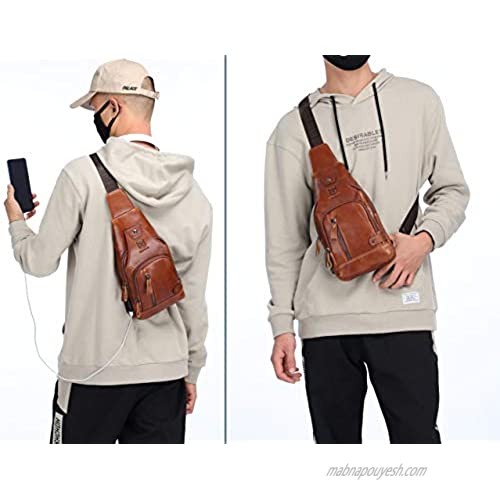 BULLCAPTAIN Men Sling Crossbody Bag with USB Charging Port Genuine Leather Shoulder Chest Bag Travel Hiking Backpack (Brown)