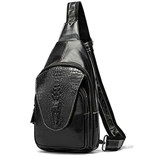 Handmade Genuine Leather Crossbody Sling Bag Crocodile Embossing Chest Bag Waterproof Shoulder Bag Black