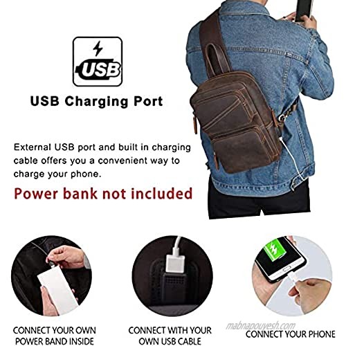 Leather Sling Backpack Bag for Men Fits 11 Tablet Small Crossbody Chest Shoulder Bag with USB Vintage Brown