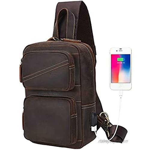 Leather Sling Backpack Bag for Men Fits 11" Tablet Small Crossbody Chest Shoulder Bag with USB Vintage Brown