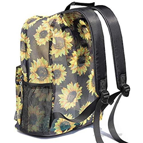 Original Print Mesh Backpack Semi-Transparent Sackpack See Through Beach Bag Daypack Multi-Purpose Women Men Unisex (Sunflower)