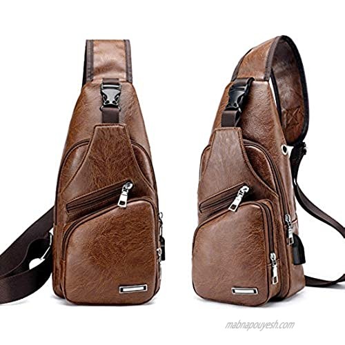 Seoky Rop Leather Sling Bag for Men Travel Shoulder Crossbody Backpack with USB Charging Port Brown