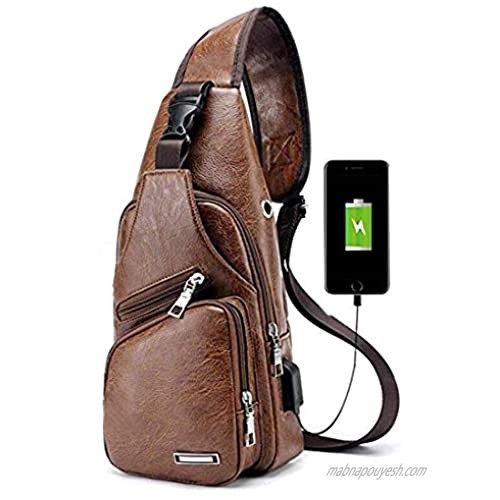 Seoky Rop Leather Sling Bag for Men Travel Shoulder Crossbody Backpack with USB Charging Port Brown
