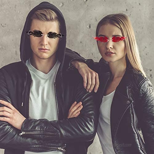 2 Pieces Fire Flame Sunglasses Flame Rimless Sunglasses Rimless Wave Glasses Fire Shape Glasses Eyewear for Party (Red Grey)