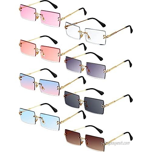 8 Pairs Vintage Rimless Rectangle Sunglasses Tinted Lens Gold Metal Frameless Eyewear Sunglasses for Women Men