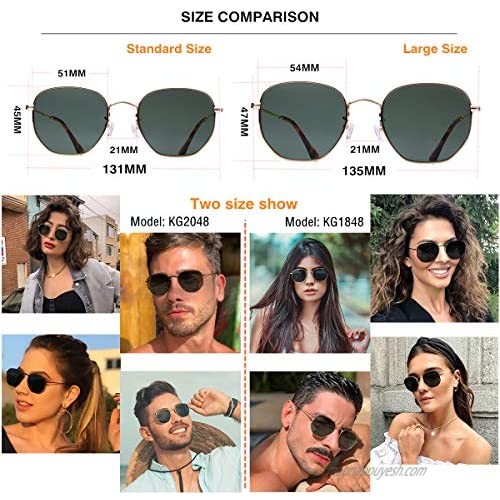 Retro Glass Lens Hexagonal Sunglasses for Men Women Vintage Square Metal Frame Flat Lens Sun glasses Shades 54MM(Big Size)