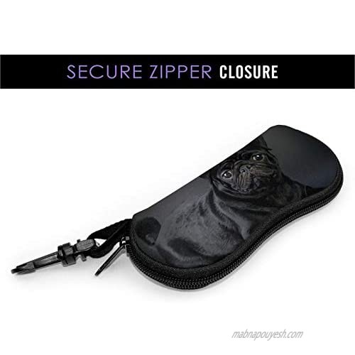 Black Pug Glasses Case With Carabiner Ultra Light Portable Neoprene Zipper Sunglasses Soft Case