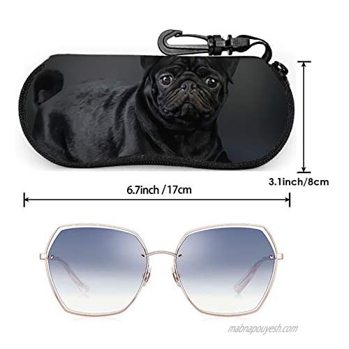 Black Pug Glasses Case With Carabiner Ultra Light Portable Neoprene Zipper Sunglasses Soft Case