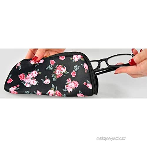 HOME-X Cleaning Cloth Eyeglasses Case Soft Glasses Sunglasses Pouch 8” L x 3.75” W - Black with Roses