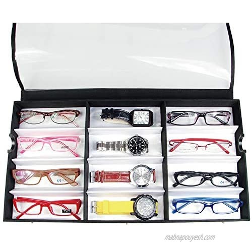 Ikee Design Small/Medium 12 Compartment Eyewear Shades Case for Eyeglasses Sunglasses Watches Jewelry with Vinyl Clear Top Lid 19”w x 10”D x 1 1/2”H