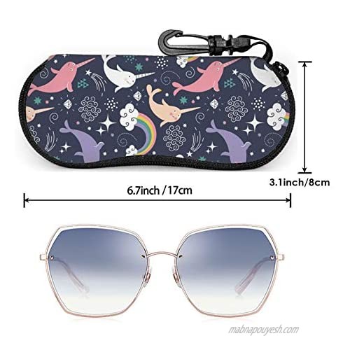 Rainbow Narwhal Eyeglasses Soft Case Colorful Stars Clouds Sunglasses Case Soft Neoprene Eyewear Bag With Zippr Hook